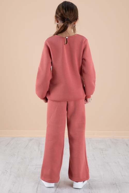 Kiremit Dantel İşlemeli Şardonlu Geniş Paça Kız Çocuk Eşofman Takımı 20239