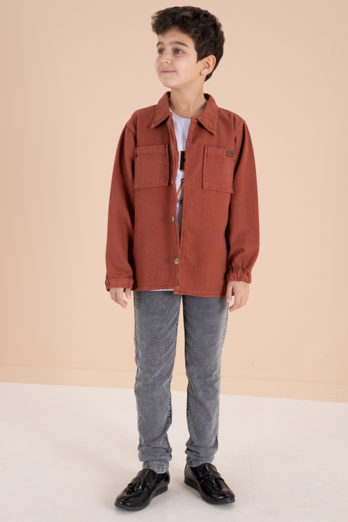 Kiremit Düğmeli Gömlekli Jean Pantolonlu Erkek Çocuk 3lü Takım 19969