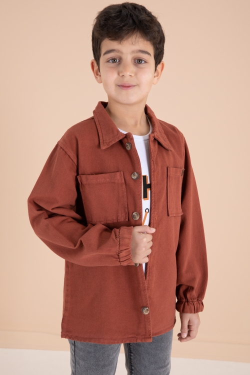 Kiremit Düğmeli Gömlekli Jean Pantolonlu Erkek Çocuk 3lü Takım 19969