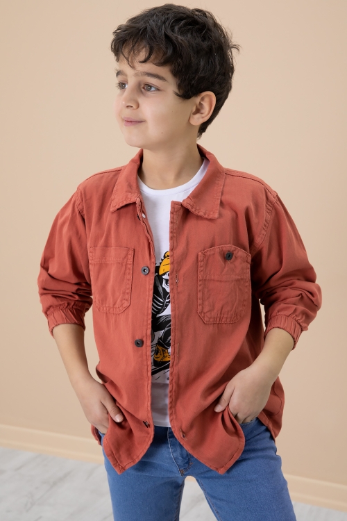 Kiremit Gömlek ve Baskılı Tişörtlü Erkek Çocuk 2li Takım 19988