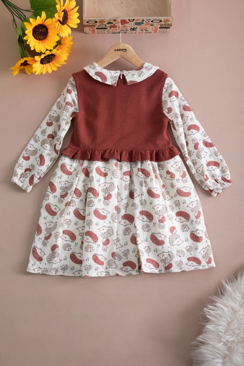 Kiremit Kirpi Desenli Süveterli Kız Çocuk Elbise 20224