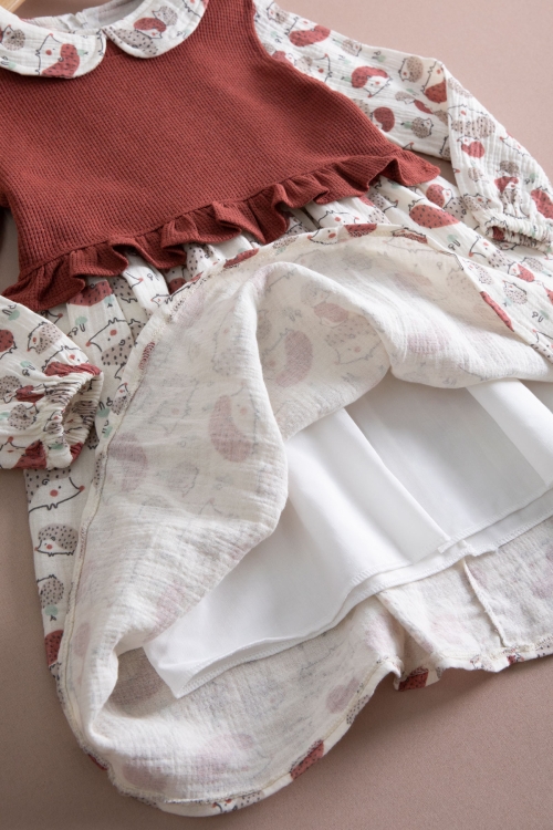 Kiremit Kirpi Desenli Süveterli Kız Çocuk Elbise 20224