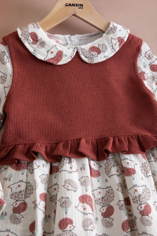 Kiremit Kirpi Desenli Süveterli Kız Çocuk Elbise 20224