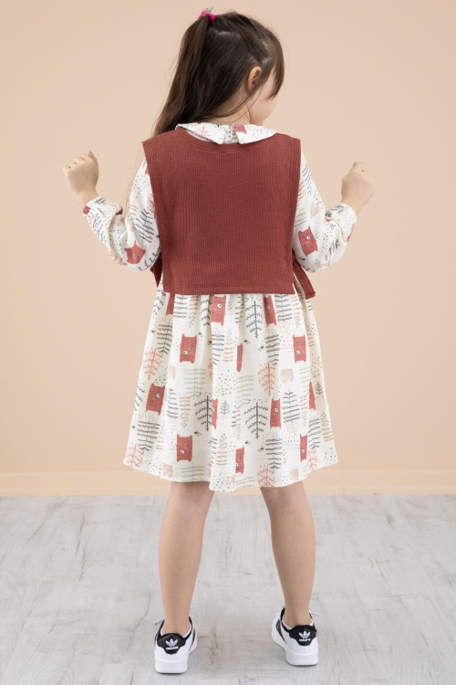 Kiremit Süveterli Desenli Kız Çocuk Uzun Kol Elbise 20217