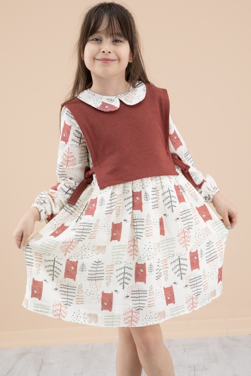 Kiremit Süveterli Desenli Kız Çocuk Uzun Kol Elbise 20217