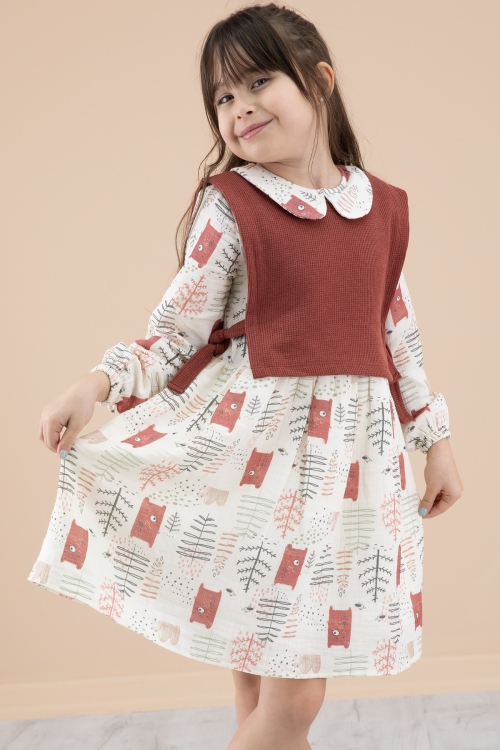 Kiremit Süveterli Desenli Kız Çocuk Uzun Kol Elbise 20217