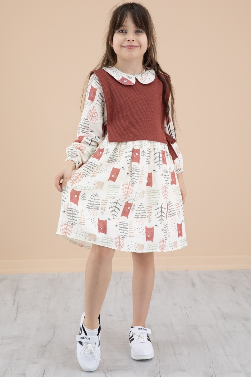 Kiremit Süveterli Desenli Kız Çocuk Uzun Kol Elbise 20217