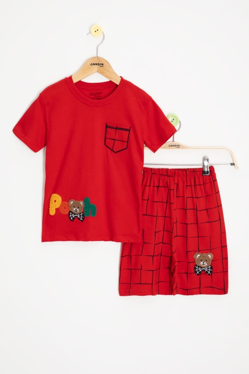 Kırmızı Ayıcık Nakışlı Kısa Kol Tişörtlü Erkek Çocuk Şortlu Takım 20585