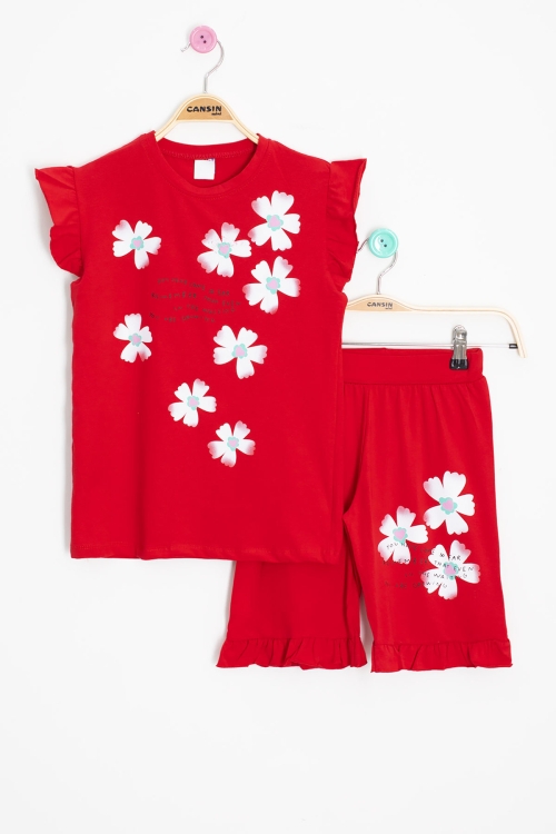 Kırmızı Çiçek Desenli Fırfır Detaylı Kız Çocuk Şortlu Takım 20600