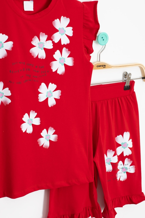 Kırmızı Çiçek Desenli Fırfır Detaylı Kız Çocuk Şortlu Takım 20600