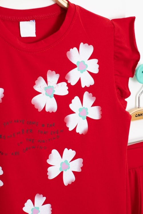 Kırmızı Çiçek Desenli Fırfır Detaylı Kız Çocuk Şortlu Takım 20600