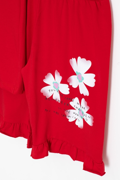 Kırmızı Çiçek Desenli Fırfır Detaylı Kız Çocuk Şortlu Takım 20600