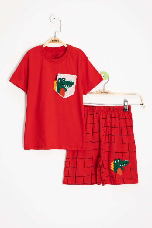 Kırmızı Dino Cep Nakışlı Kısa Kol Tişörtlü Erkek Çocuk Şortlu Takım 20577