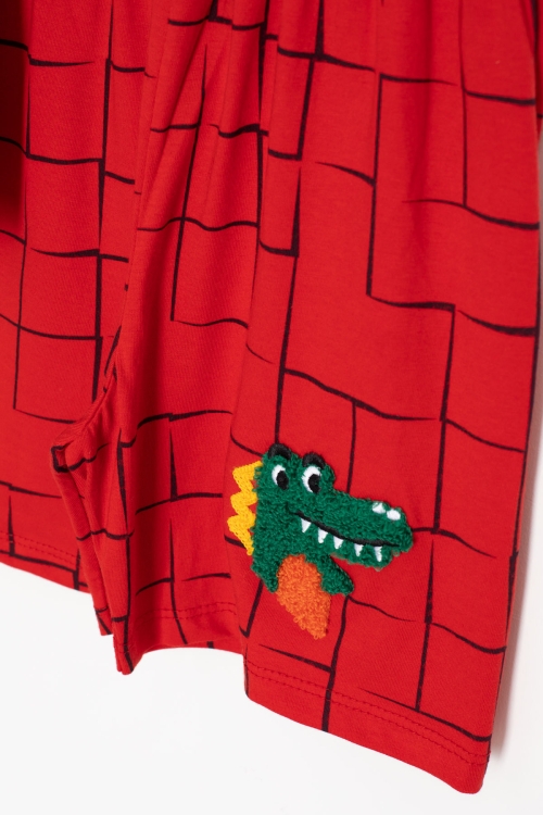 Kırmızı Dino Cep Nakışlı Kısa Kol Tişörtlü Erkek Çocuk Şortlu Takım 20577