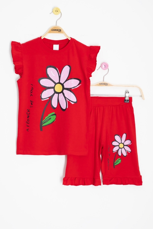 Kırmızı Papatya Baskılı Fırfır Detaylı Kız Çocuk Şortlu 2li Takım 20608