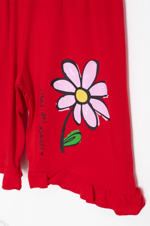 Kırmızı Papatya Baskılı Fırfır Detaylı Kız Çocuk Şortlu 2li Takım 20608