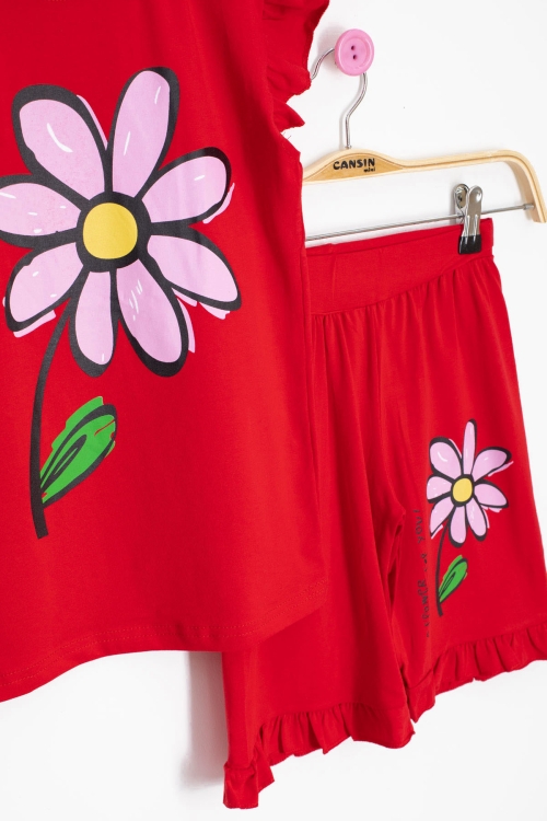 Kırmızı Papatya Baskılı Fırfır Detaylı Kız Çocuk Şortlu 2li Takım 20608