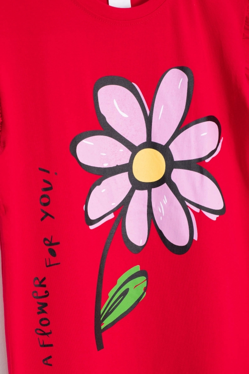 Kırmızı Papatya Baskılı Fırfır Detaylı Kız Çocuk Şortlu 2li Takım 20608