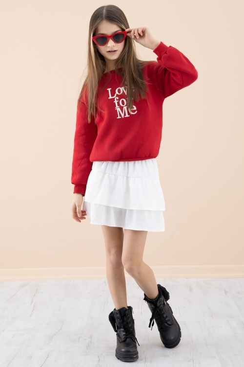 Kırmızı Şardonlu Kız Çocuk Etekli Takım 20251