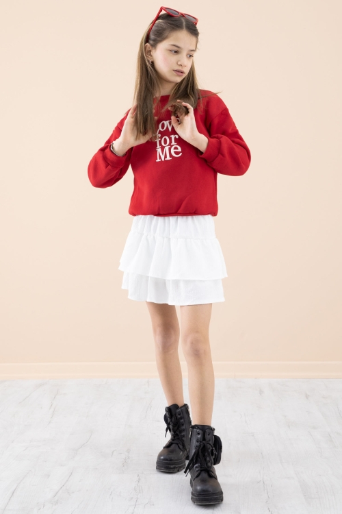 Kırmızı Şardonlu Kız Çocuk Etekli Takım 20251