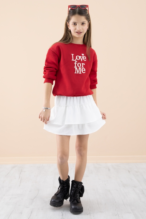 Kırmızı Şardonlu Kız Çocuk Etekli Takım 20251