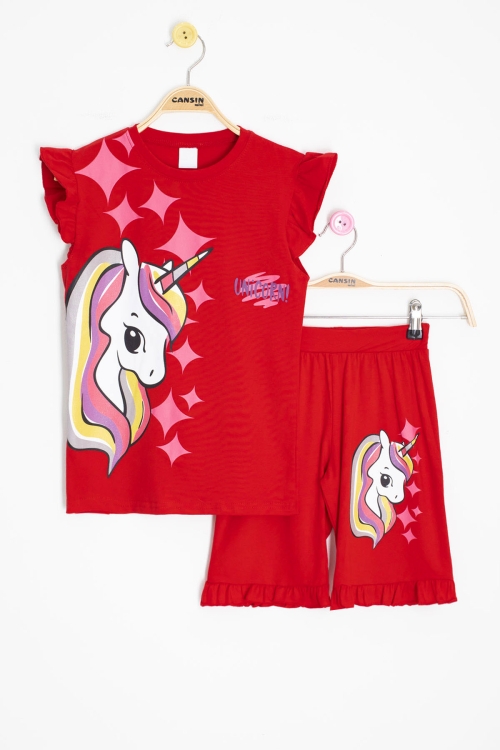 Kırmızı Unicorn Baskılı Kız Çocuk Şortlu 2li Takım 20615