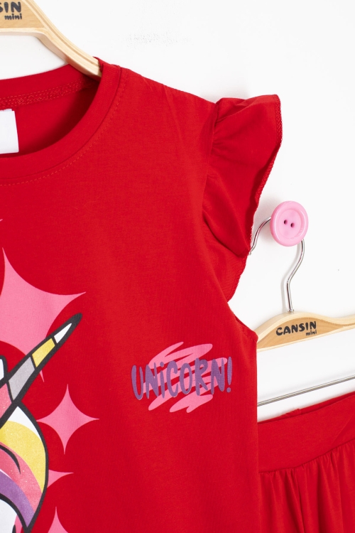 Kırmızı Unicorn Baskılı Kız Çocuk Şortlu 2li Takım 20615