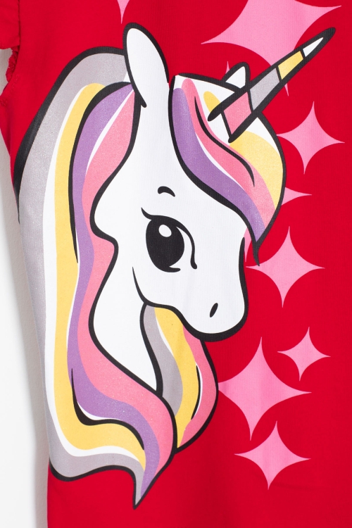 Kırmızı Unicorn Baskılı Kız Çocuk Şortlu 2li Takım 20615
