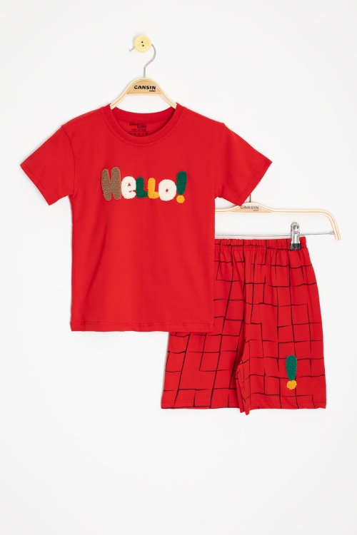 Kırmızı Yazı Nakışlı Kısa Kol Tişörtlü Erkek Çocuk Şortlu Takım 20587