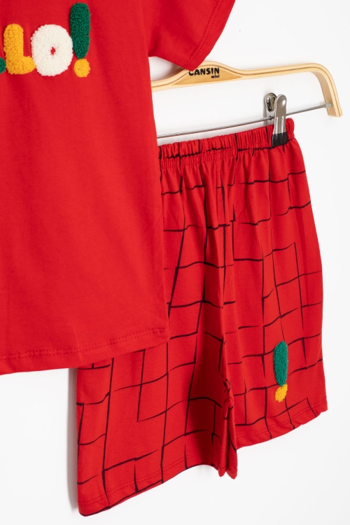 Kırmızı Yazı Nakışlı Kısa Kol Tişörtlü Erkek Çocuk Şortlu Takım 20587