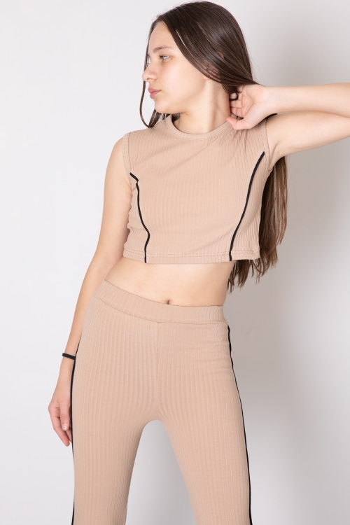 Koyu Bej Kız Çocuk Tatylı Croplu 2li Takım 20246