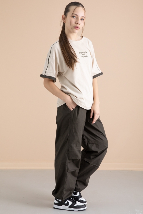 Koyu Haki Kız Çocuk Paraşüt Pantolonlu 2li Takım 20391