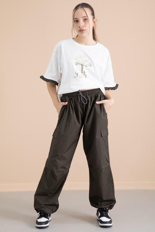 Koyu Haki Kız Çocuk Tişört ve Kargo Cepli Pantolonlu 2li Takım 20397