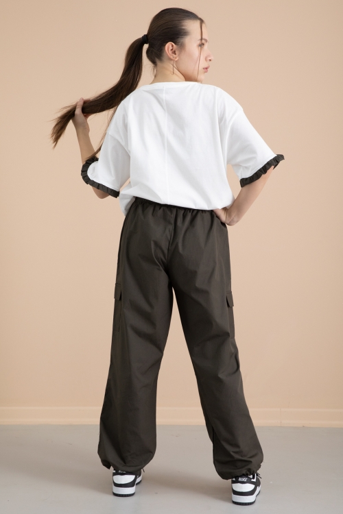 Koyu Haki Kız Çocuk Tişört ve Kargo Cepli Pantolonlu 2li Takım 20397