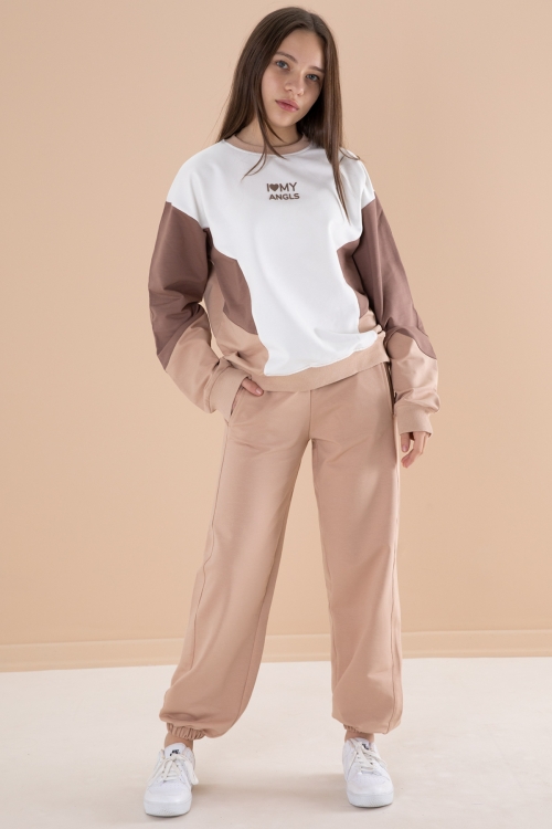 Krem Angels Yazılı Bisiklet Yaka Kız Çocuk Eşofman Takımı 19976