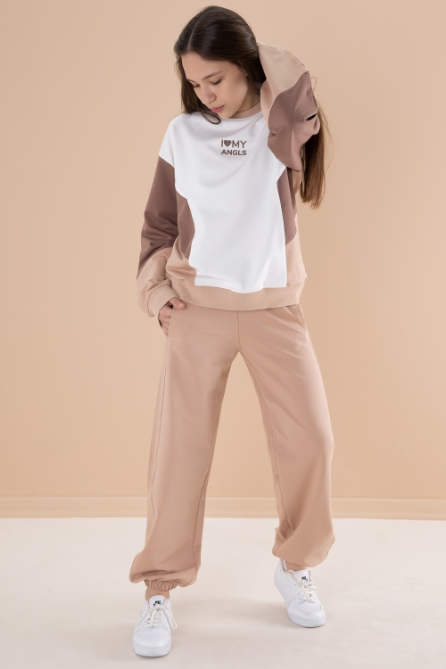 Krem Angels Yazılı Bisiklet Yaka Kız Çocuk Eşofman Takımı 19976