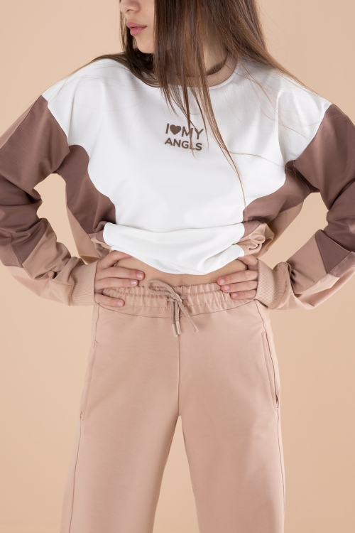 Krem Angels Yazılı Bisiklet Yaka Kız Çocuk Eşofman Takımı 19976