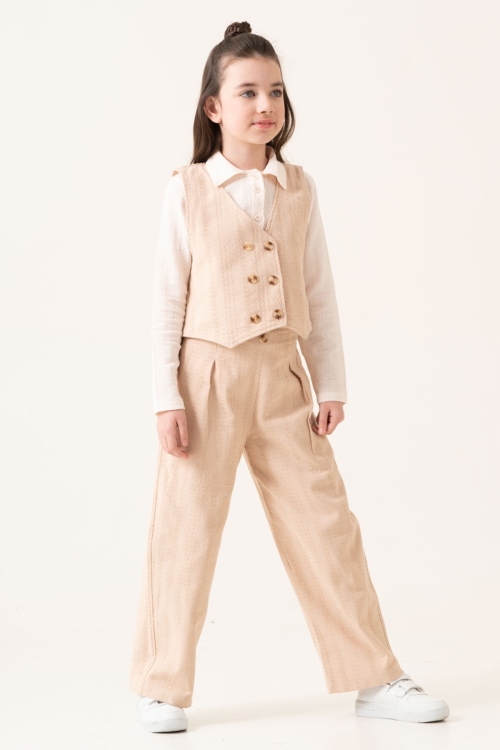 Krem Armürlü Yelekli Düğmeli Gömlekli Kız Çocuk 3lü Takım 20529