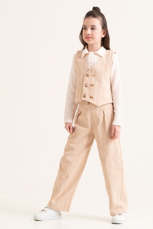 Krem Armürlü Yelekli Düğmeli Gömlekli Kız Çocuk 3lü Takım 20529