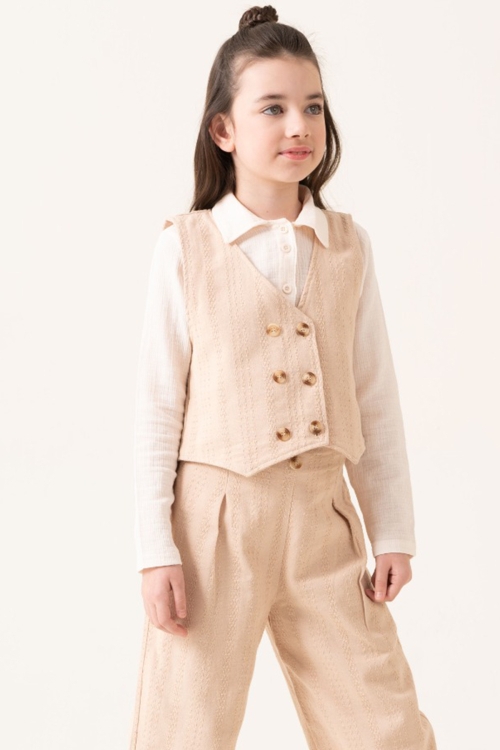 Krem Armürlü Yelekli Düğmeli Gömlekli Kız Çocuk 3lü Takım 20529