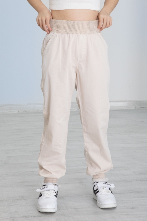 Krem Bel ve Paçası Ribanalı Kız Çocuk Pantolon 20477