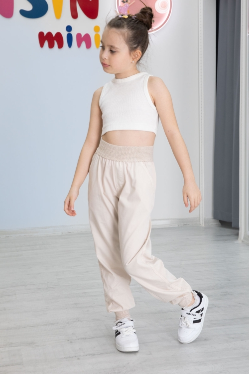 Krem Bel ve Paçası Ribanalı Kız Çocuk Pantolon 20477