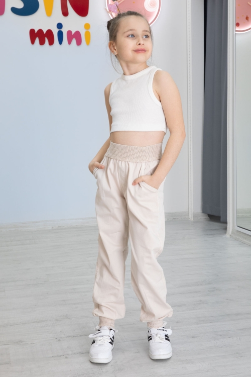 Krem Bel ve Paçası Ribanalı Kız Çocuk Pantolon 20477