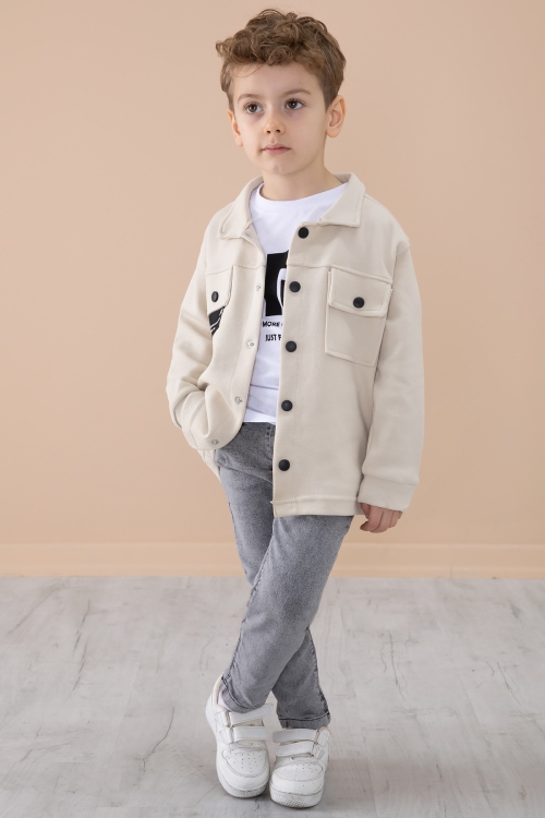 Krem Cep Kapaklı Gömlekli Jean Pantolonlu Erkek Çocuk 3lü Takım 20292