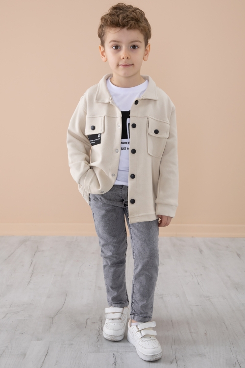 Krem Cep Kapaklı Gömlekli Jean Pantolonlu Erkek Çocuk 3lü Takım 20292
