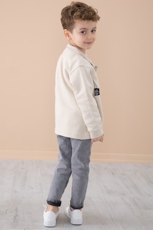Krem Cep Kapaklı Gömlekli Jean Pantolonlu Erkek Çocuk 3lü Takım 20292