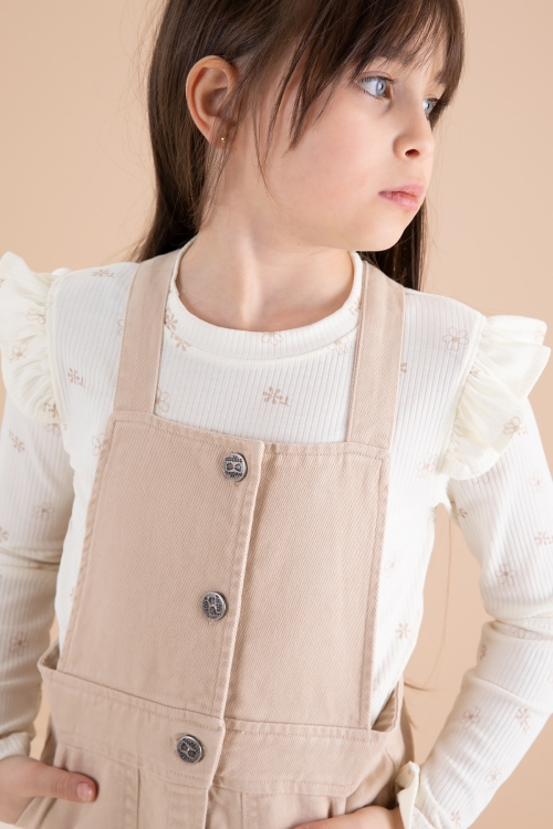 Krem Çiçek Desenli Badili 2li Kız Çocuk Salopet Takım 20183