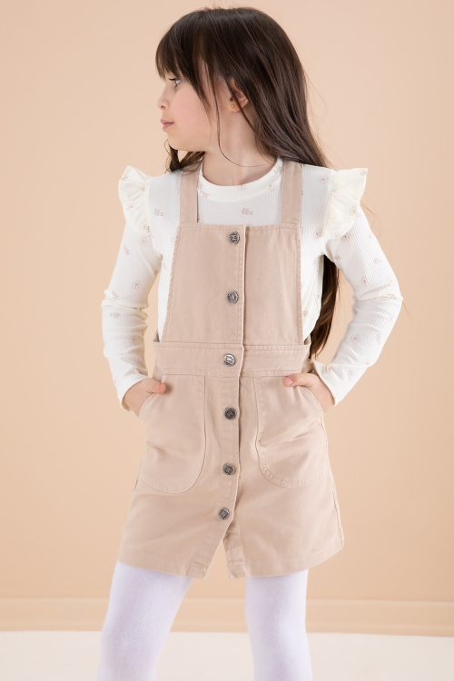 Krem Çiçek Desenli Badili 2li Kız Çocuk Salopet Takım 20183