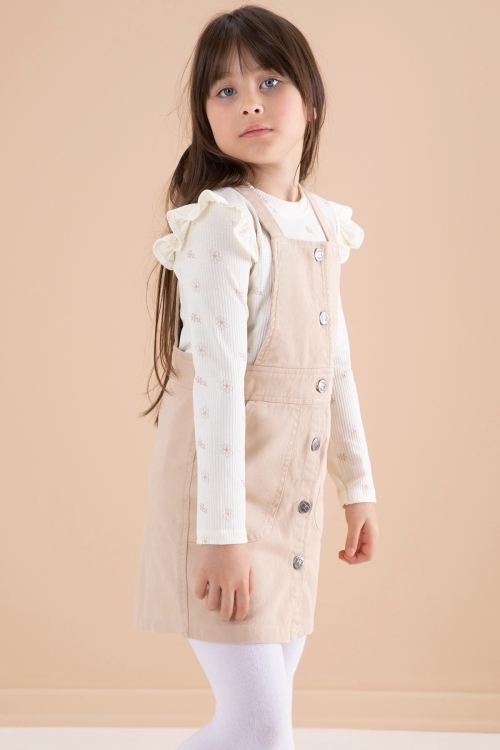 Krem Çiçek Desenli Badili 2li Kız Çocuk Salopet Takım 20183