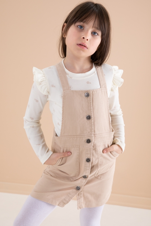 Krem Çiçek Desenli Badili 2li Kız Çocuk Salopet Takım 20183